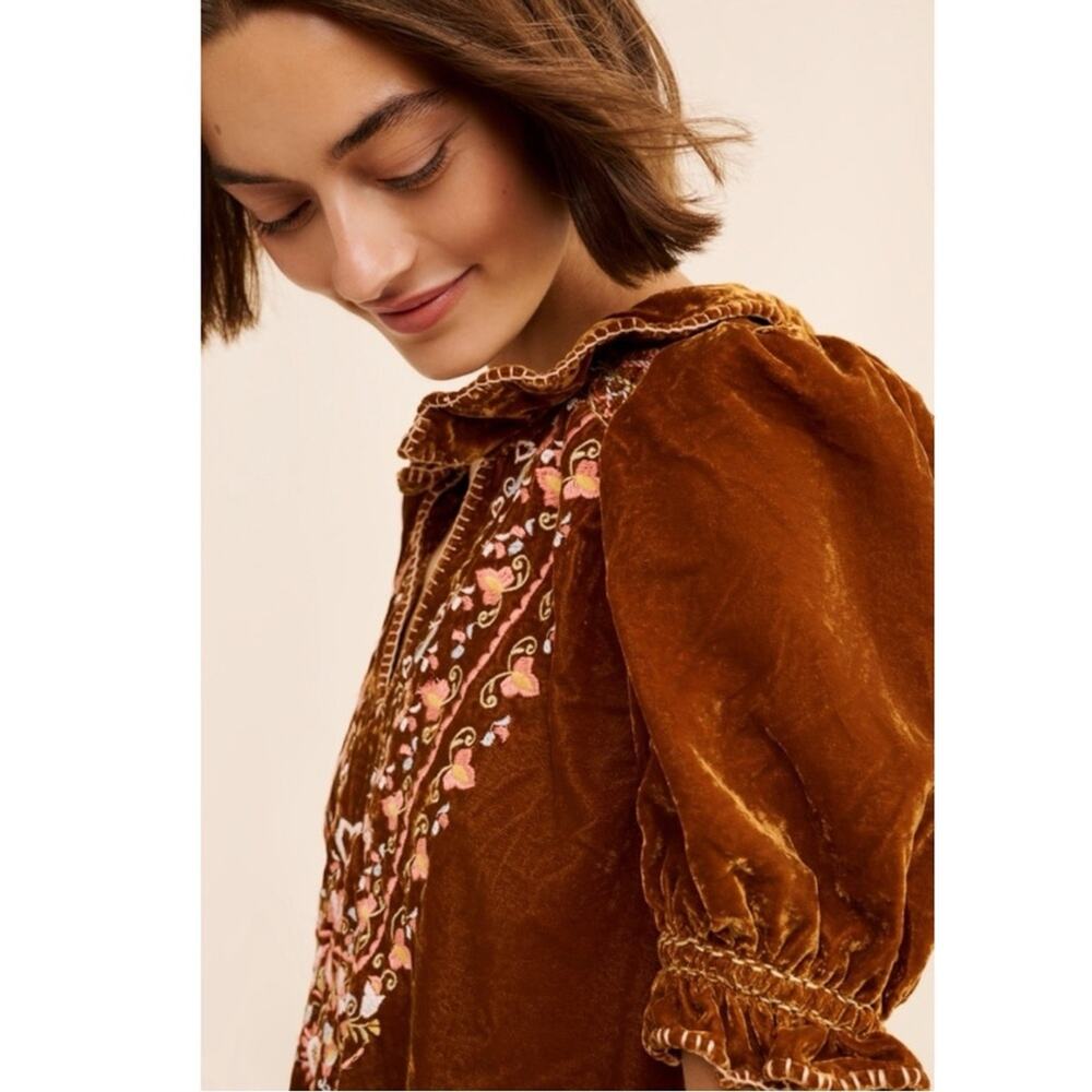 Free People Bohemian Embroidered Velvet Freya Tunic Dress Amber Brown Size Large - Picture 4 of 14